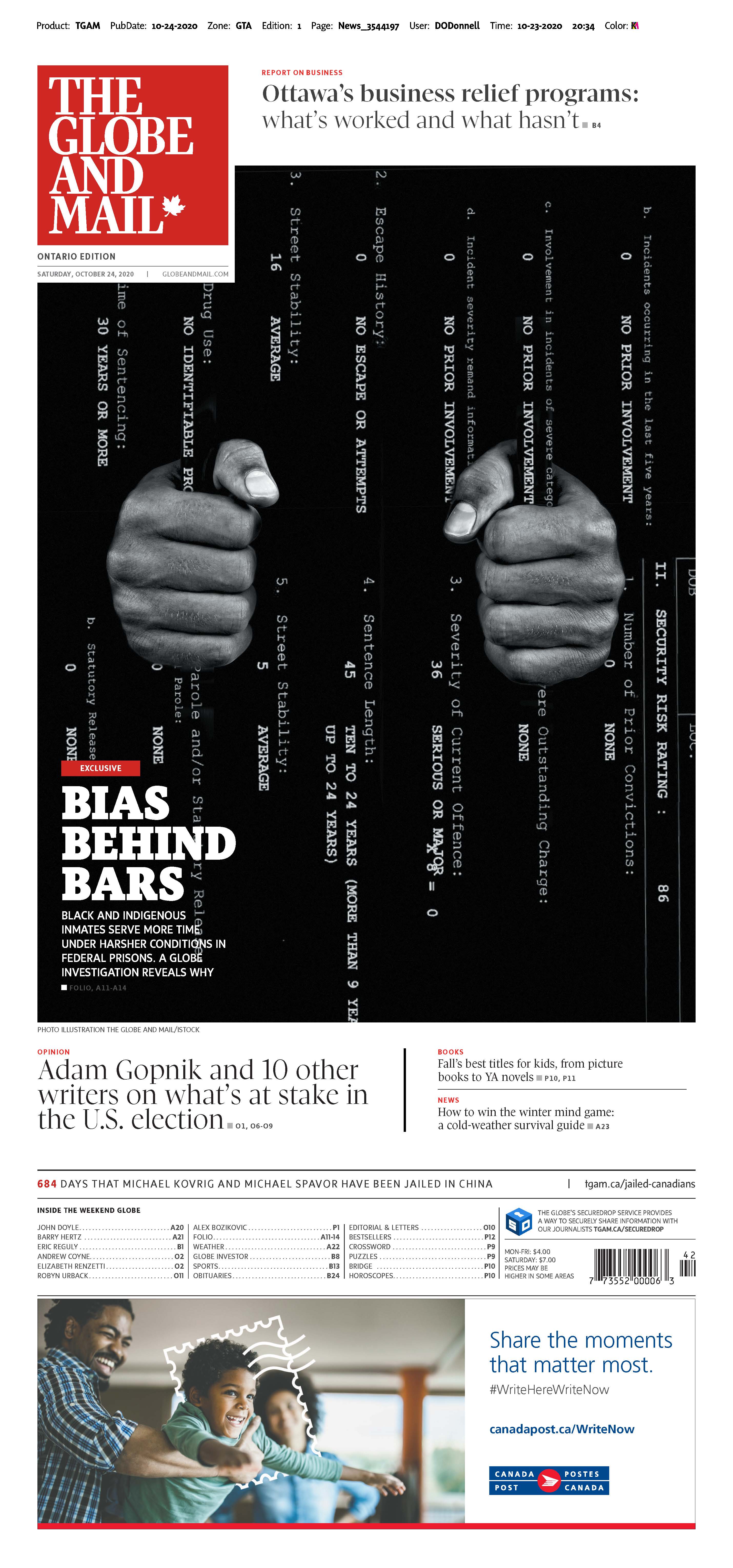 Globe and Mail front page for Bias Behind Bars investigation