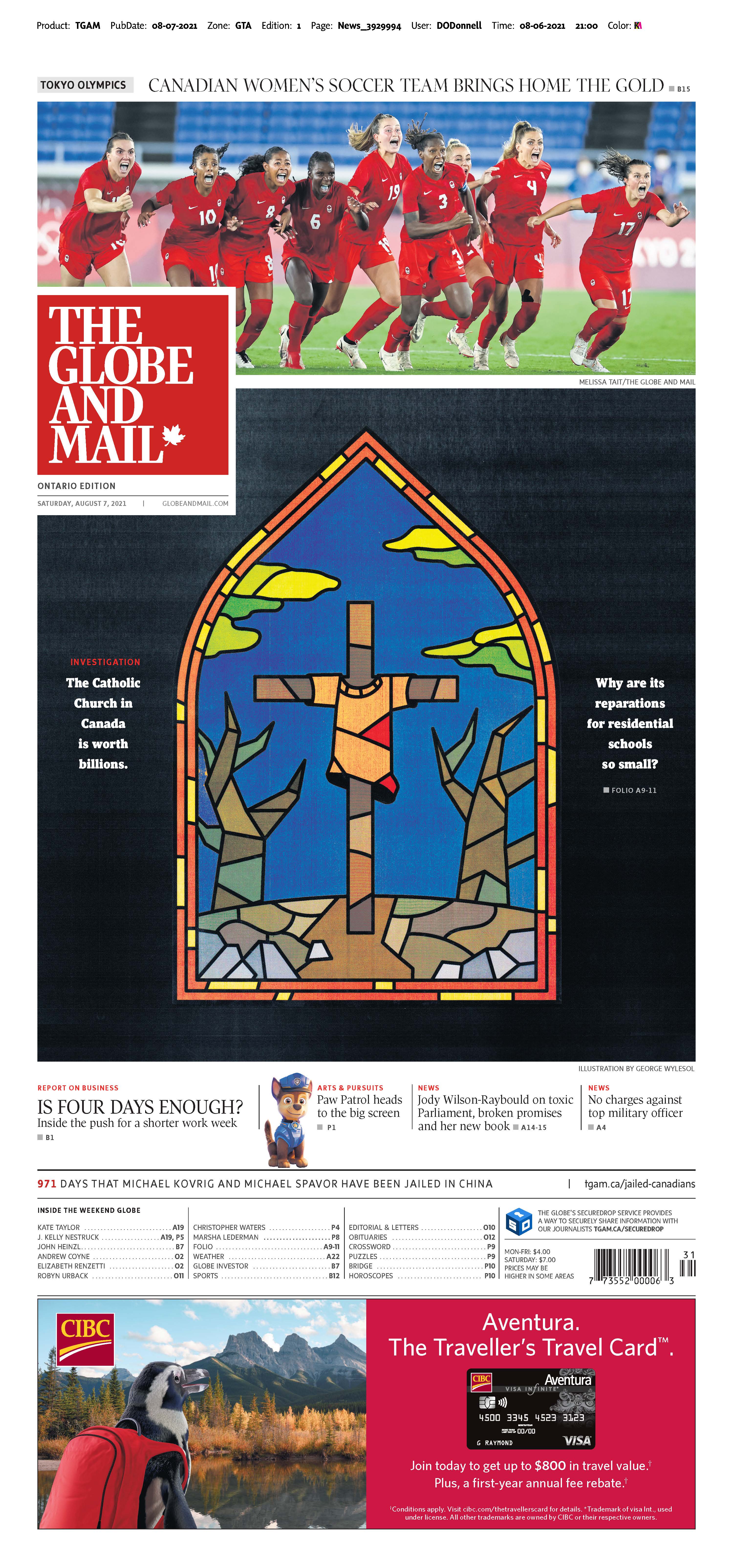 Globe and Mail front page for Catholic Church investigation