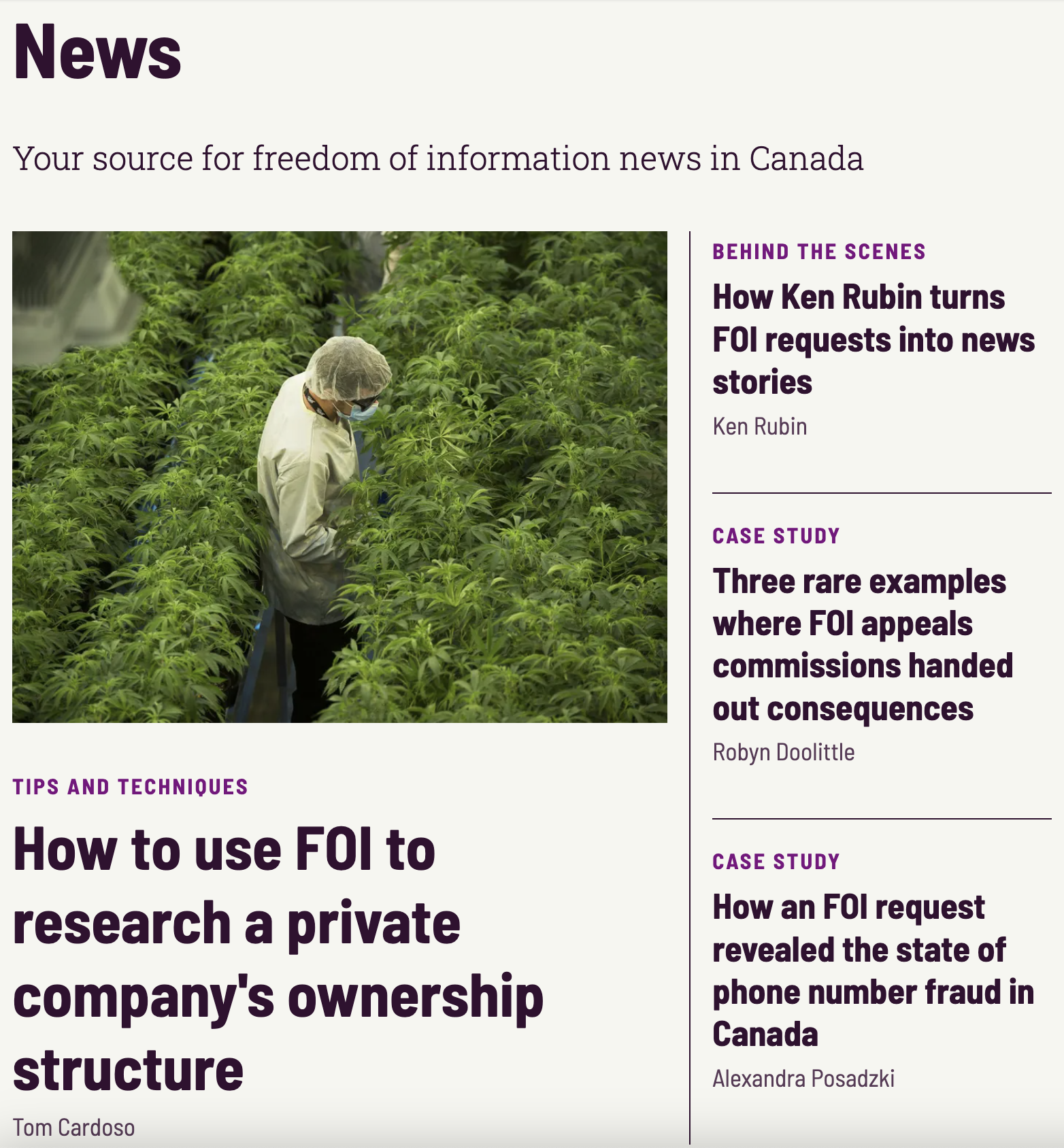 Screengrab of Secret Canada's FOI news page