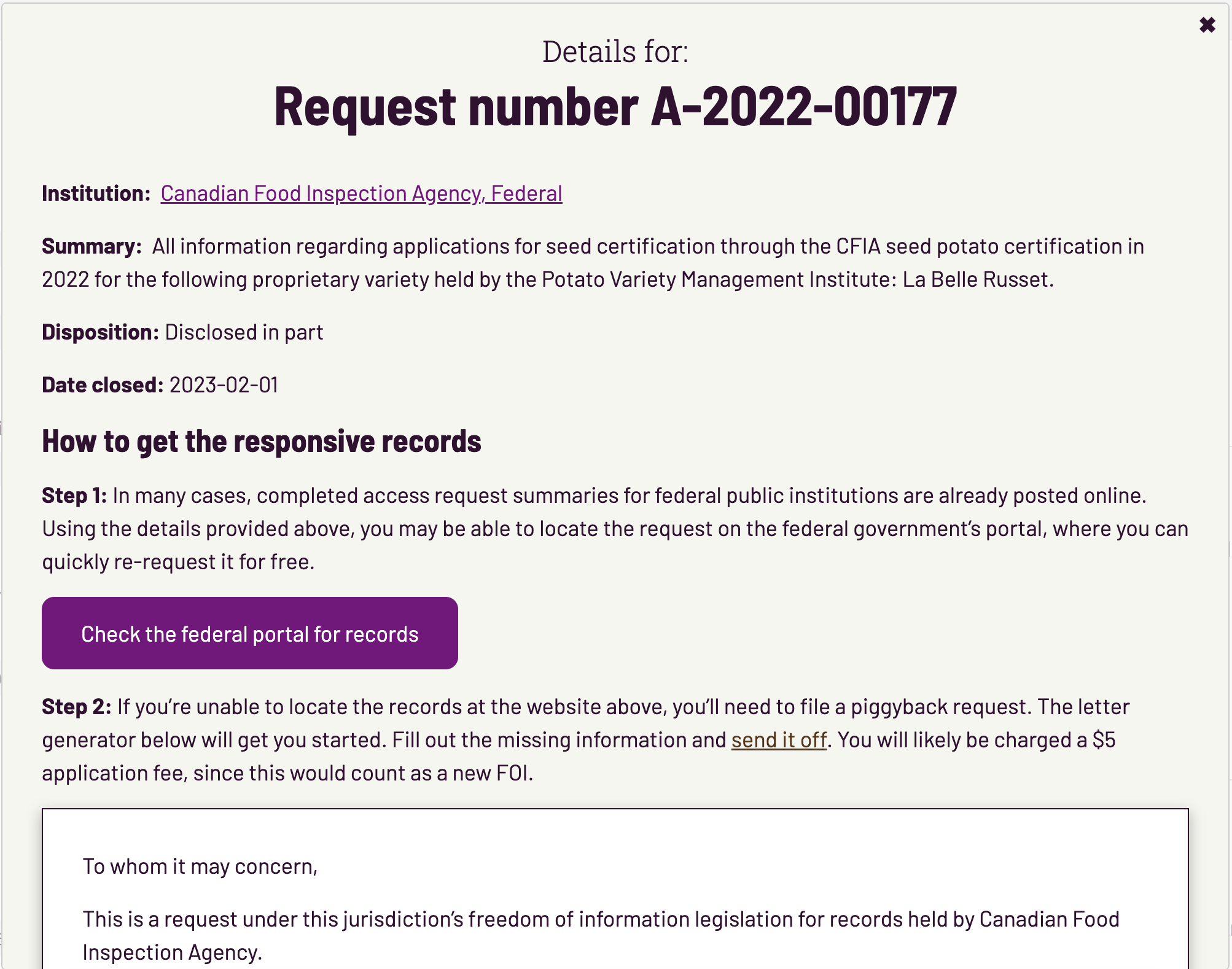 Screengrab of a Secret Canada completed FOI request