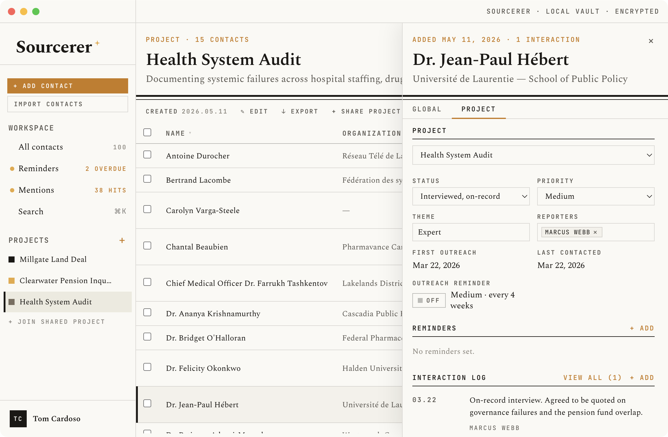 Sourcerer — contact detail view showing metadata and interaction log