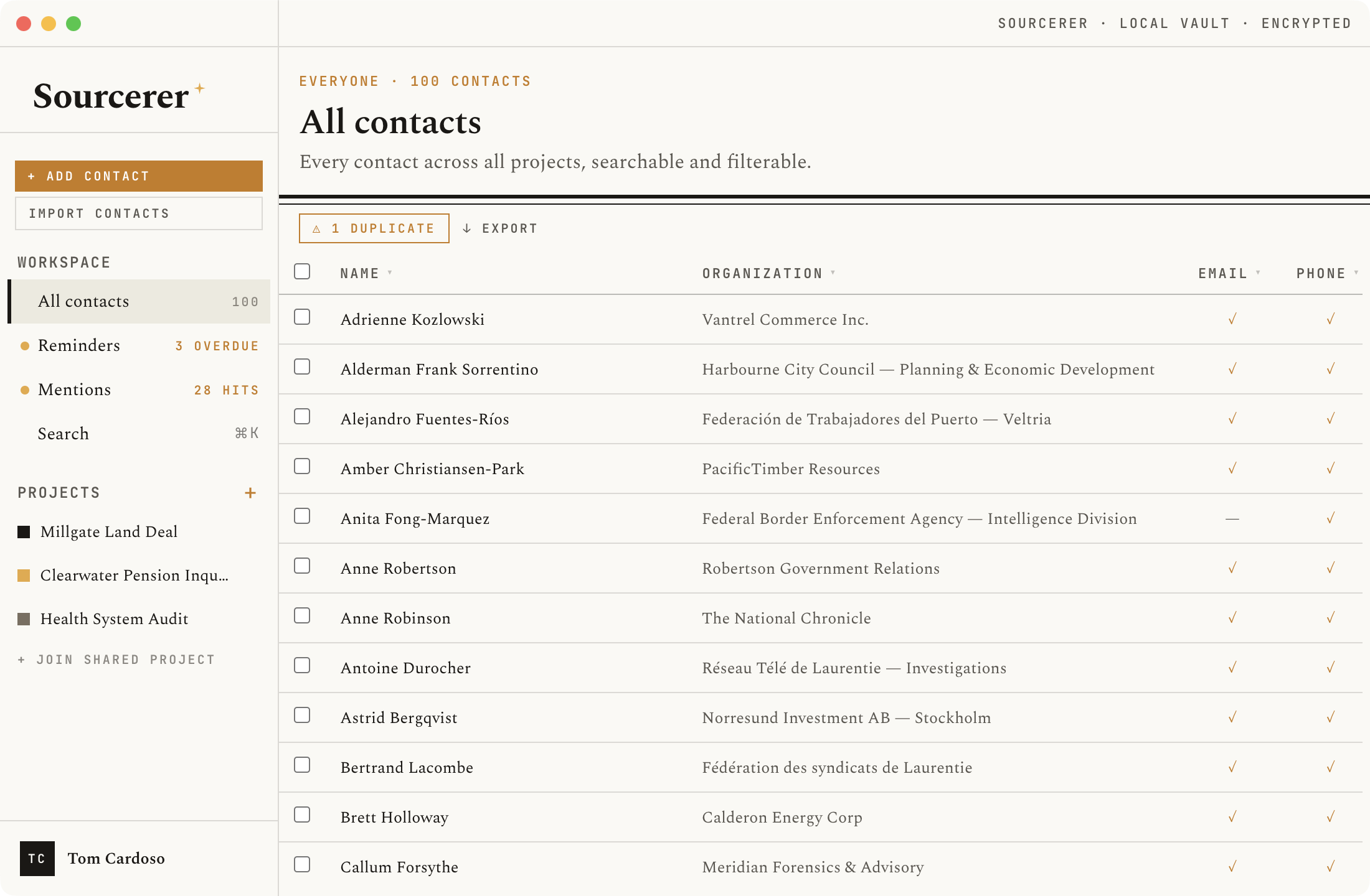 Sourcerer — contacts view showing source list with project memberships