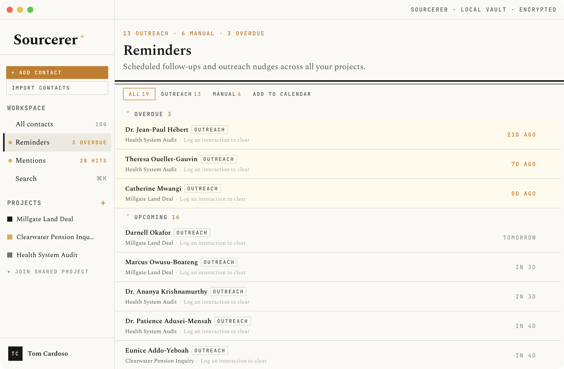 Sourcerer — reminders view