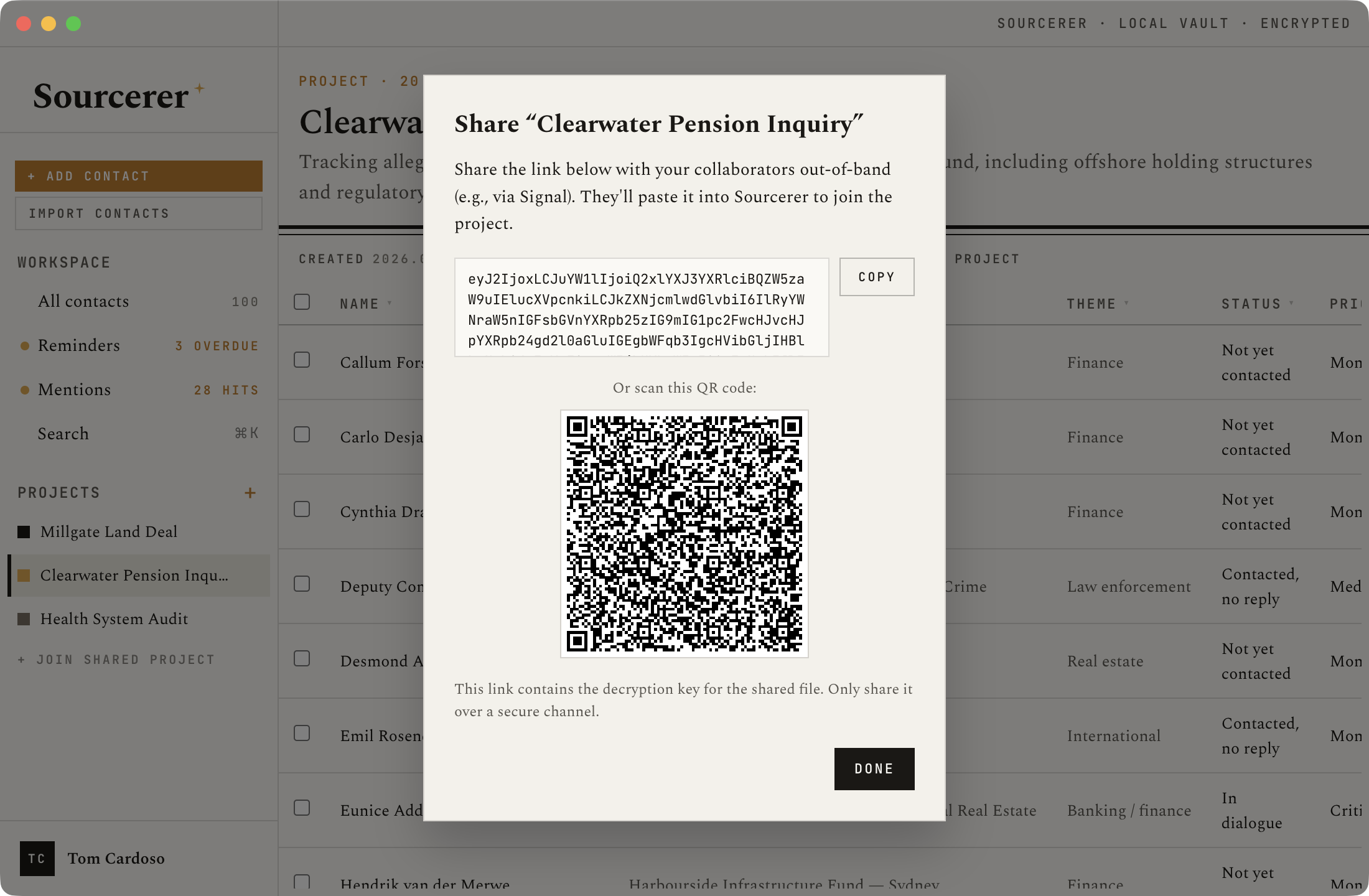 Sourcerer — shared project modal