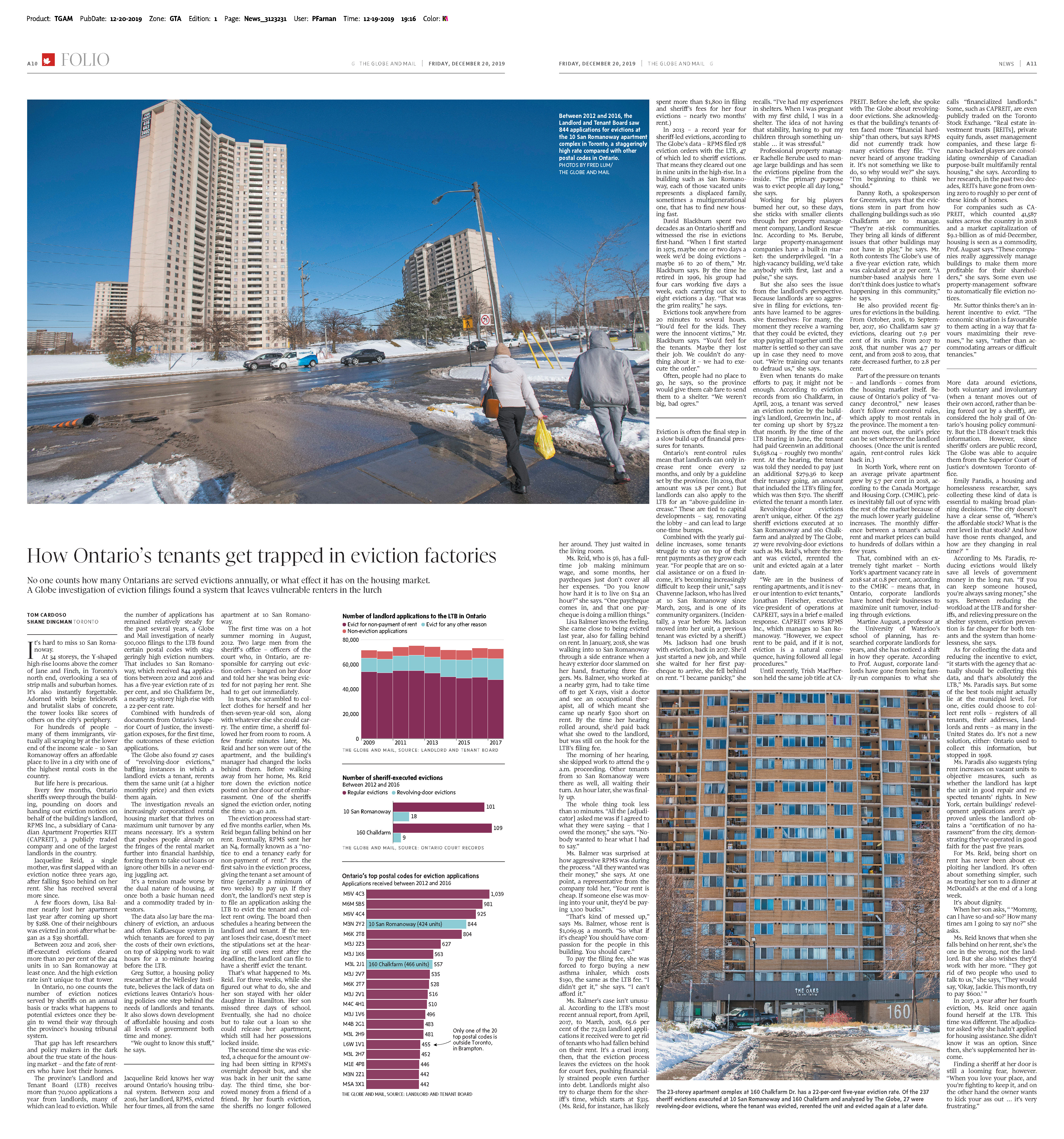 Spread from the Dec. 19, 2019 issue of The Globe and Mail, a story about evictions in Ontario
