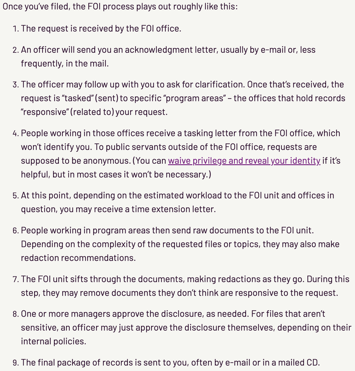 List of steps in the FOI request process